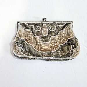 Vintage Antique Art Deco '20s Seed Beaded Silver Frame Belt Bag Hand Strap Purse